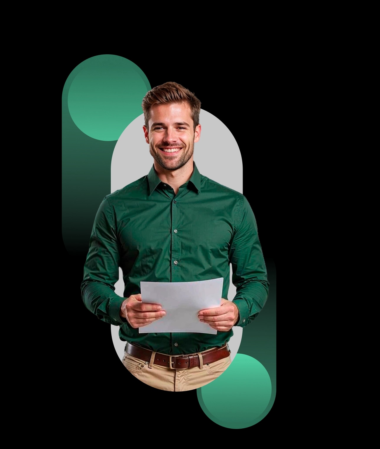 Profissional sorrindo com um documento na mão, cercado pelos cards do sistema: ponto confirmado, solicitação de férias, holerite e eSocial.